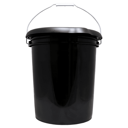 Emergency portable toilet bucket with closed lid and metal carry handle, dark plastic