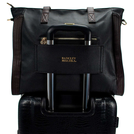 Black vegan leather weekender bag with trolley sleeve and front zip pocket