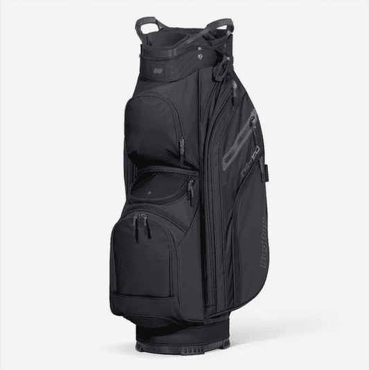 Black golf cart bag with padded shoulder strap and front zip pocket compartments
