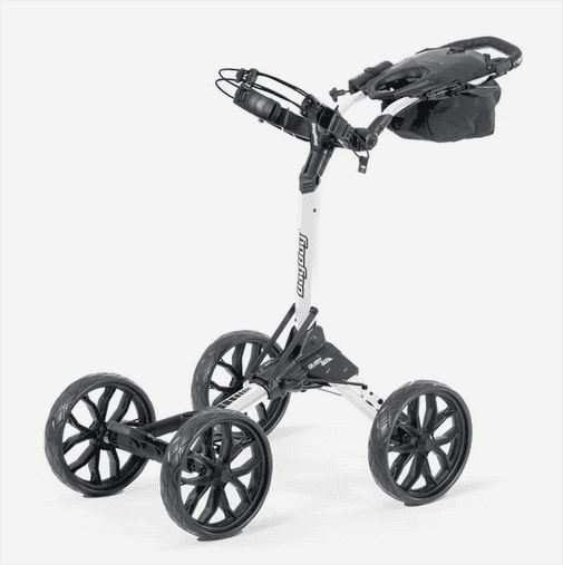 White and black four-wheel golf push cart with front basket and storage pouch