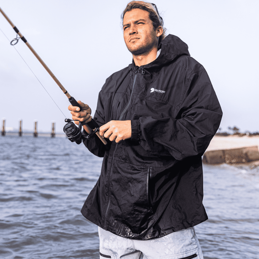Black hooded waterproof rain jacket with front zipper and chest logo