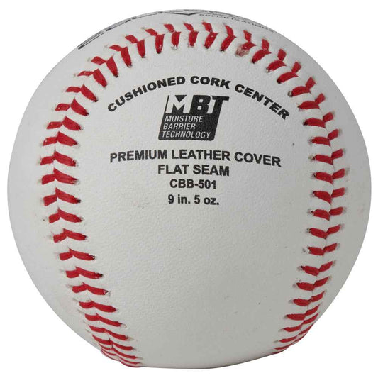 Champro baseball, white with red lacing; MBT CBB-501 flat seam and premium leather cover.