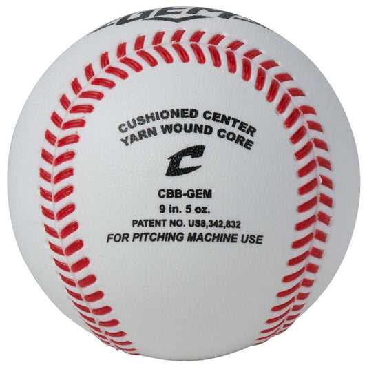 White baseball back text: cushioned center yarn wound core, 9 in, pitching machine use