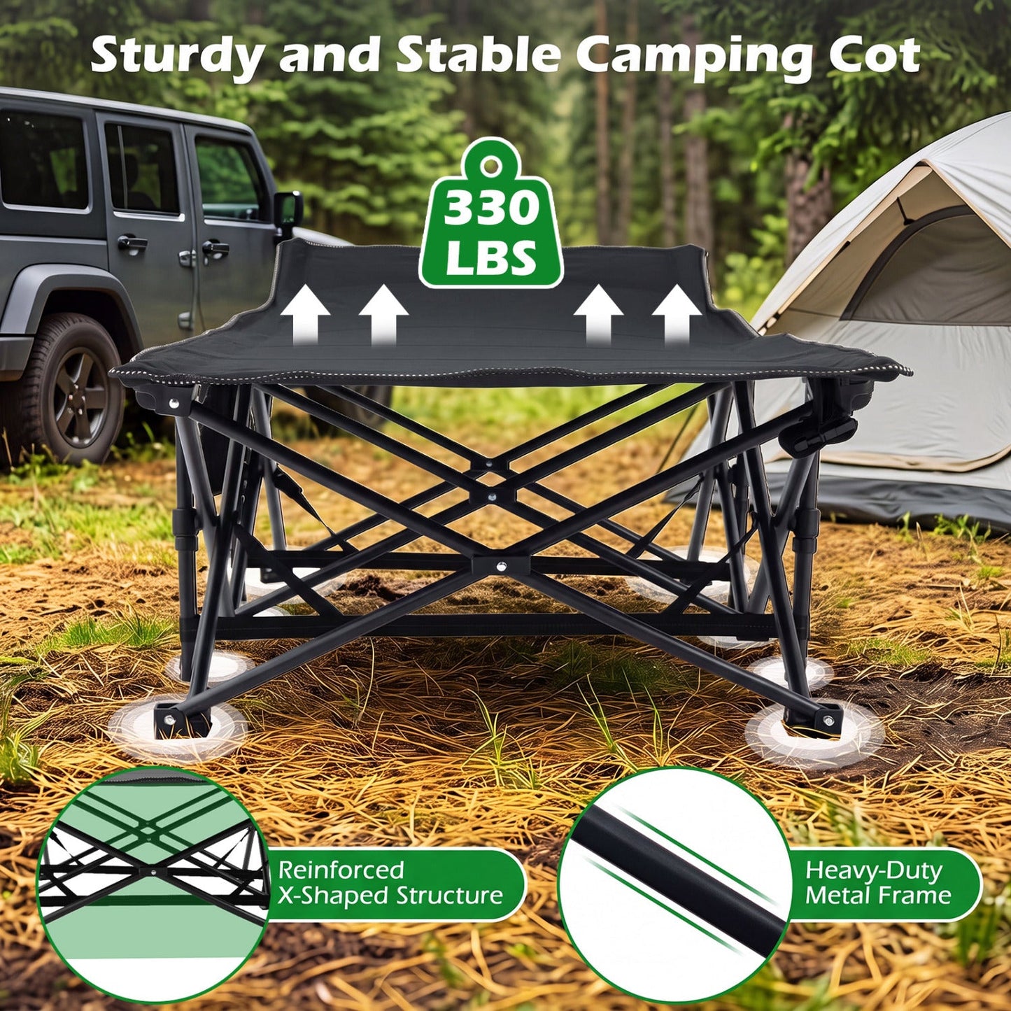 Camping Cot for Adults | Crystal Velvet Padded Mat | 330 lb Capacity | No Assembly | Navy or Dark Gray