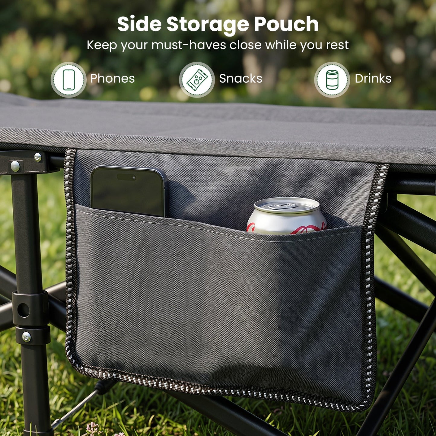 Camping Cot with Padded Headrest & Storage Pouch | 600 lb Capacity | 10-Second Setup | Gray