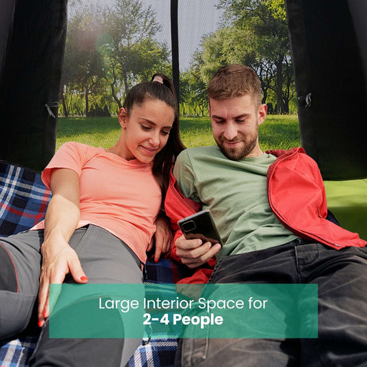 Pop-up camping tent interior with mesh panels and open front doorway