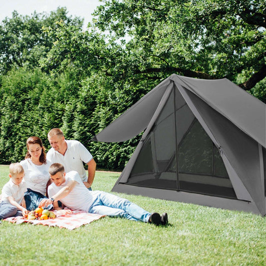 Gray pop-up camping tent with front mesh panels and rainfly overhang