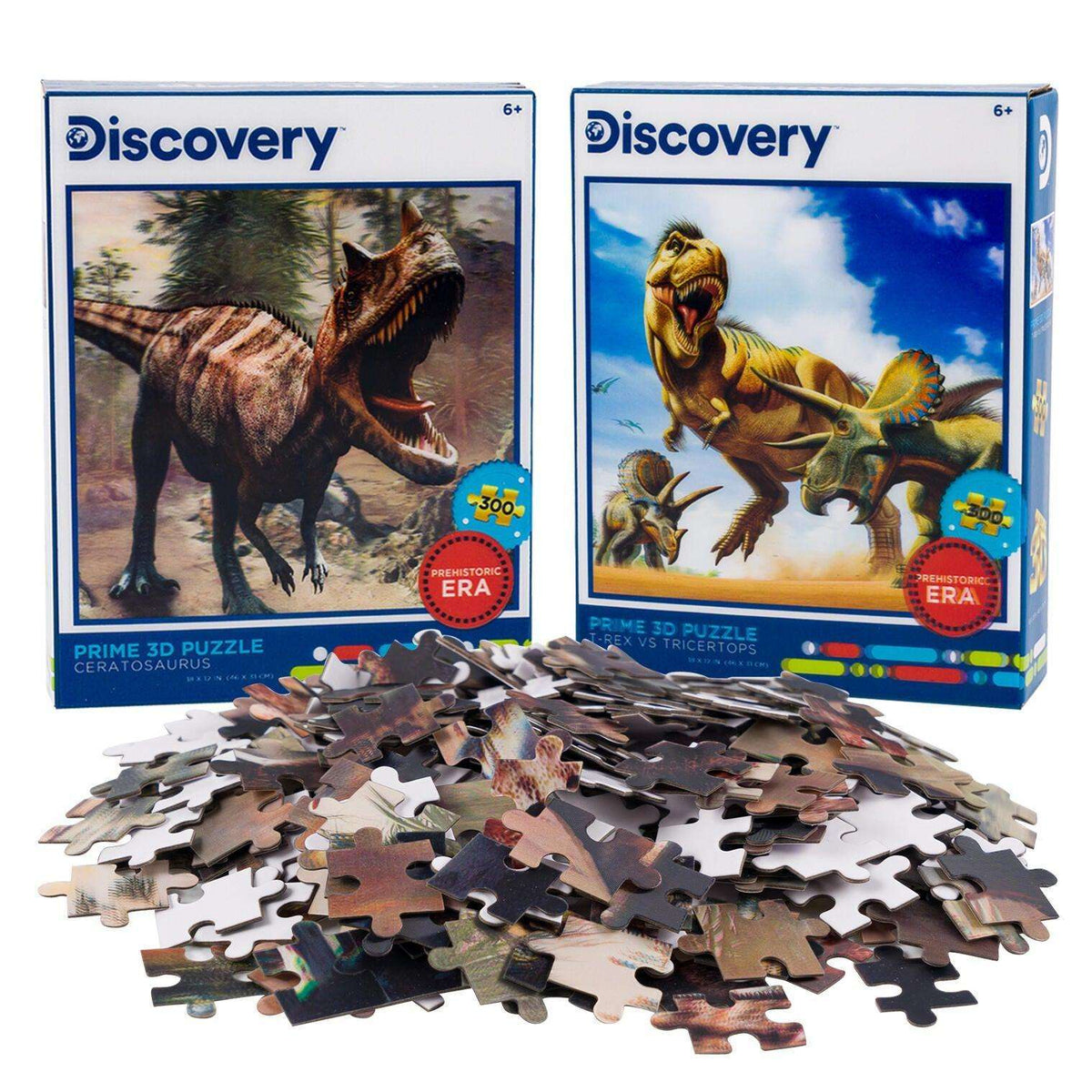 Dinosaur lenticular jigsaw puzzle set with two boxes and loose 3D dinosaur pieces