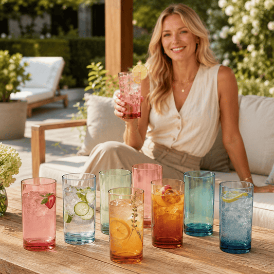 Set of 8 colored acrylic highball glasses on outdoor table, with ice and citrus