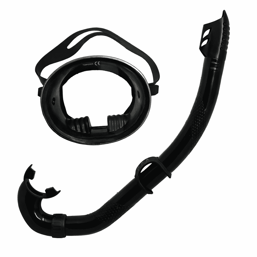 Black rubber spearfishing mask with flexible snorkel, combo set