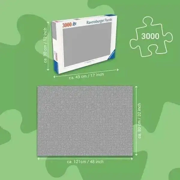 3000-piece jigsaw puzzle size diagram with box and blank puzzle piece