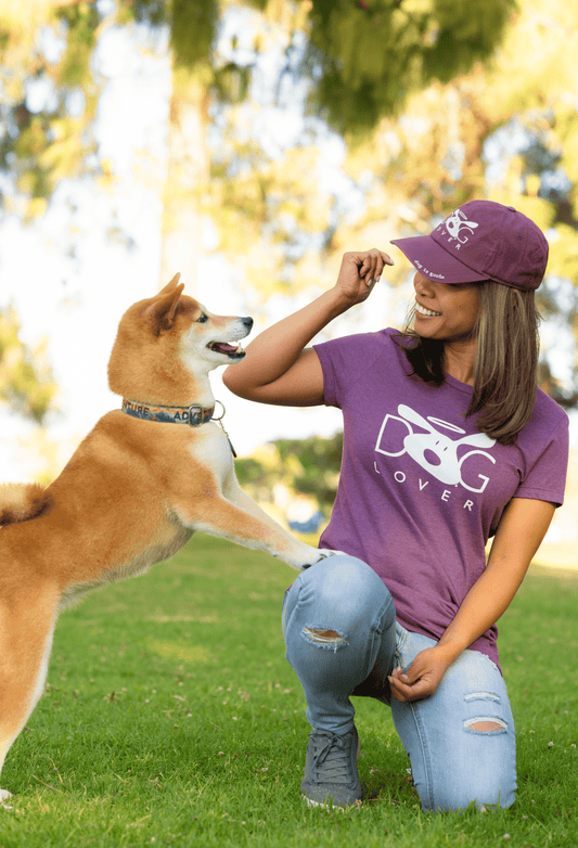 Women's heathered plum crew-neck T-shirt with white Dog Lover dog graphic on model