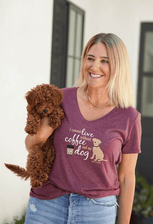 Women's maroon V-neck T-shirt on model holding a small brown dog