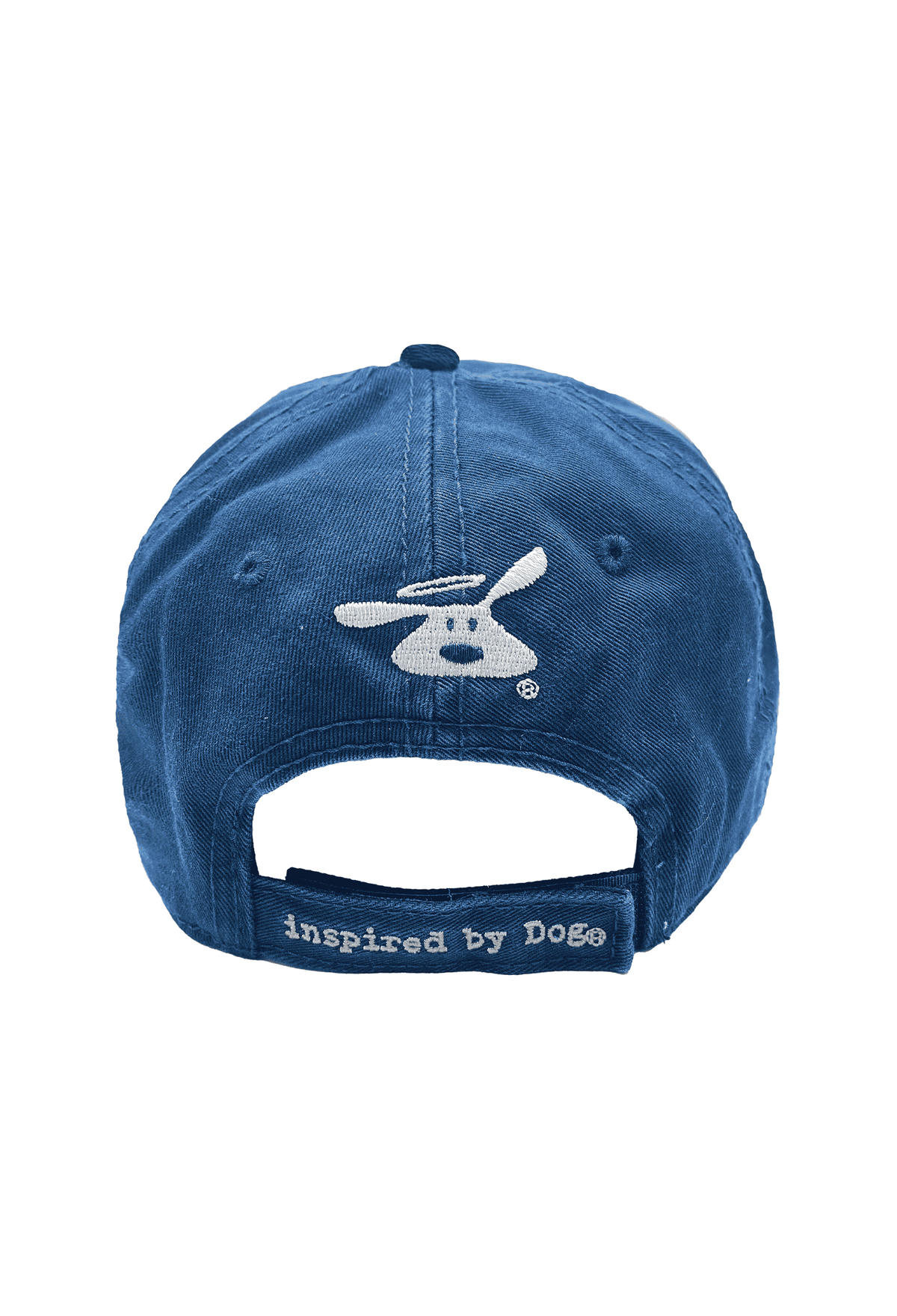 Blue cap with embroidered dog bone icon and 'inspired by Dog' text