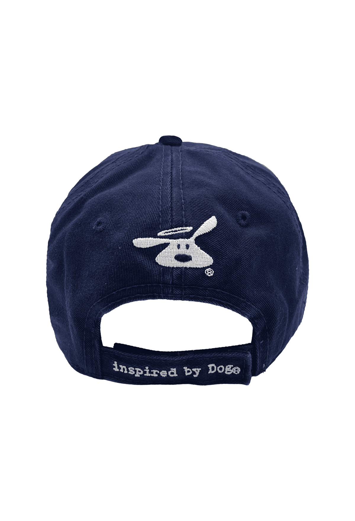 Navy baseball cap with white dog applique and 'inspired by Dog' back text