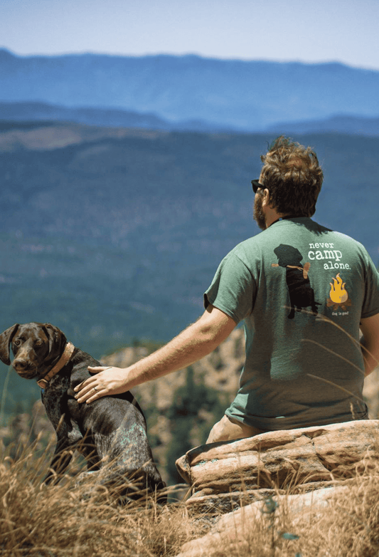 Military green T-shirt, back graphic with dog, ‘never camp alone’, flame icon