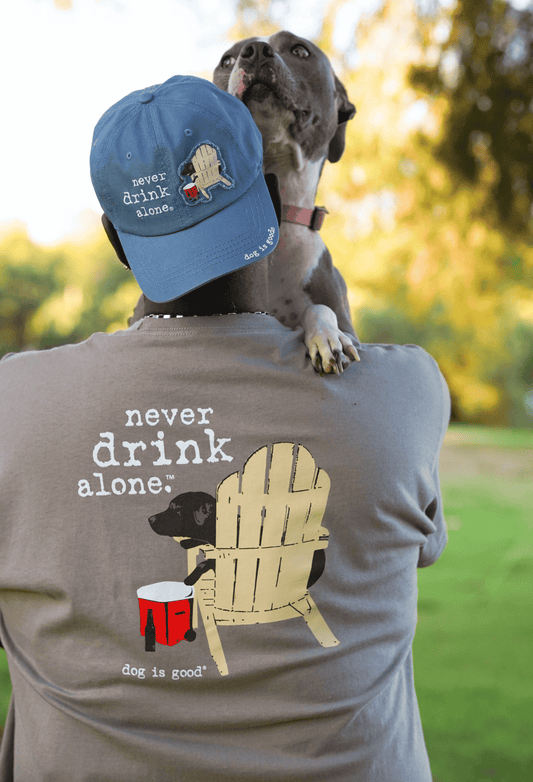 Blue cap with 'never drink alone' back embroidery and dog graphic