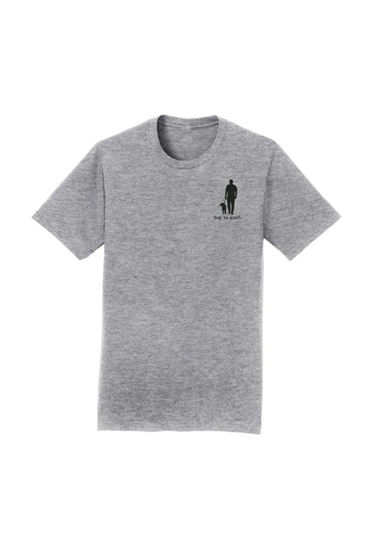 Gray heather T-shirt with small chest graphic featuring a standing man silhouette