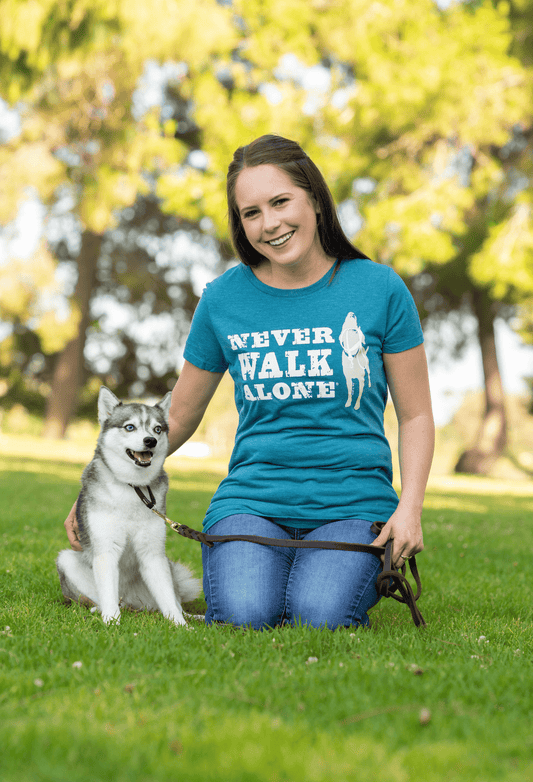 Women's teal T-shirt with front dog graphic and text, short sleeves