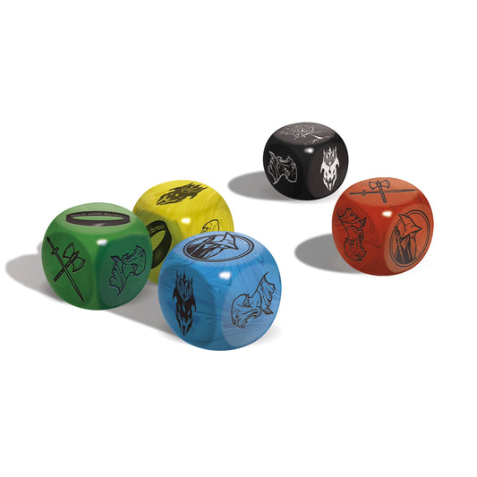 Set of colorful fantasy dice with symbol faces