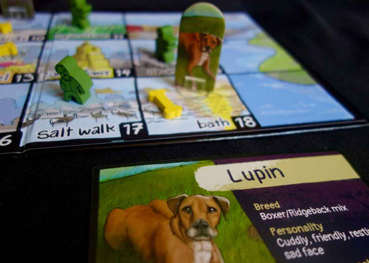 Board game card from Good Dog Bad Zombie 2nd Edition showing dog character Lupin
