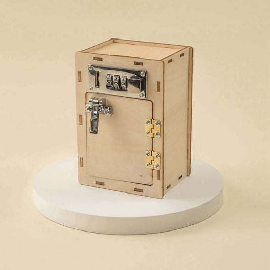 Wooden mechanical combination lock box with number dial and metal keypad mechanism