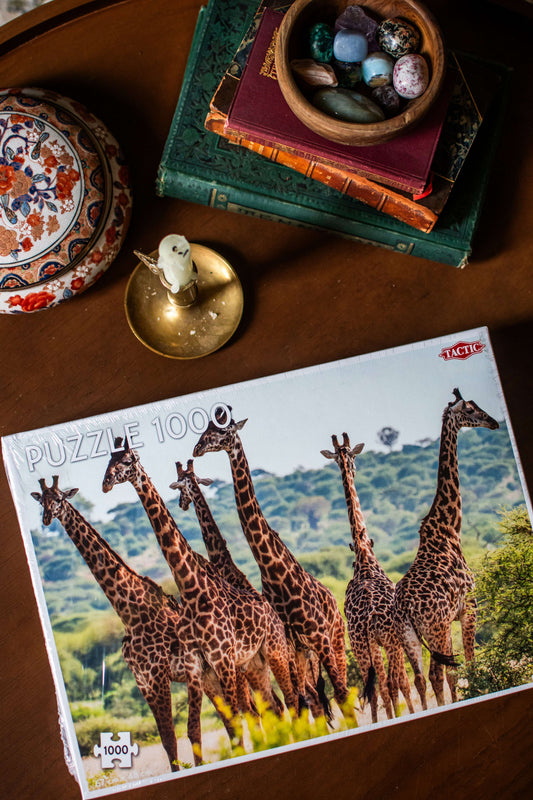 Giraffe family jigsaw puzzle cover with tall giraffes over grass and blue sky
