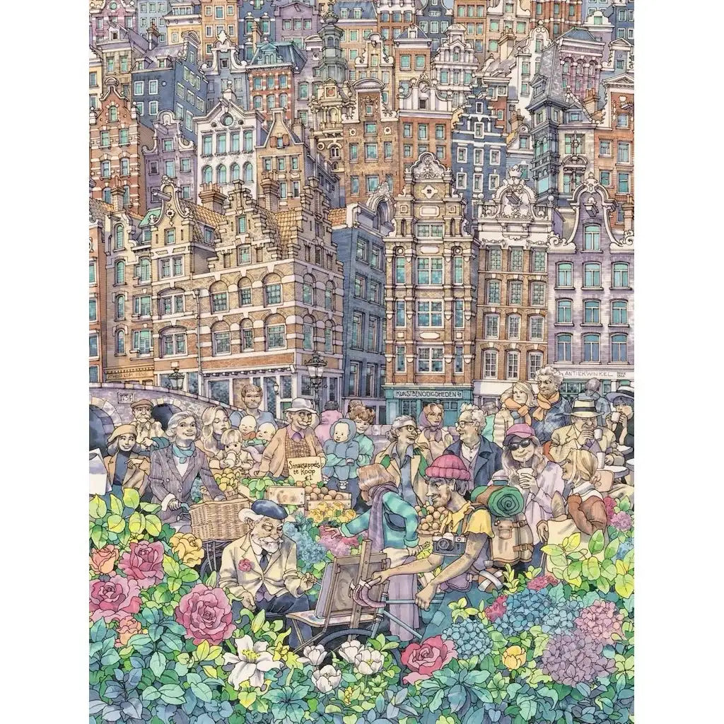 City jigsaw puzzle artwork showing dense Amsterdam buildings and flowers