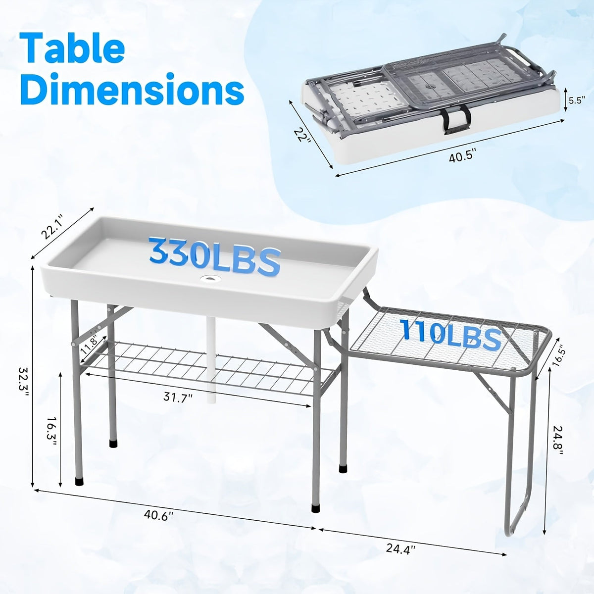 4ft Portable Folding Ice Table with Drain & Removable Skirt