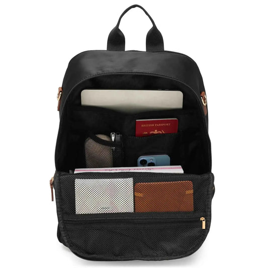 Black backpack with open top and interior pockets for card and phone