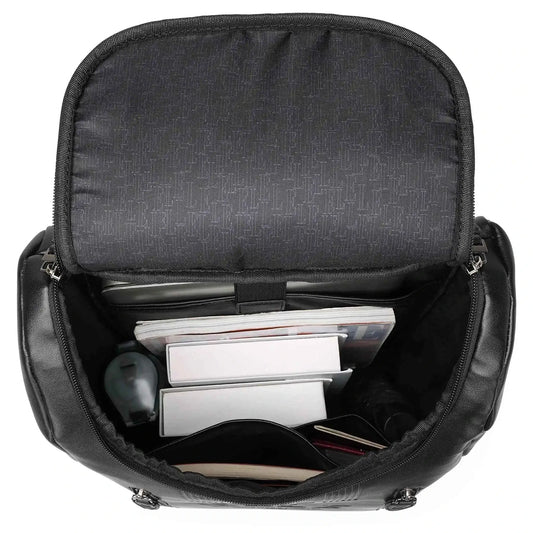 Black vegan leather backpack interior with zip top opening and storage pockets
