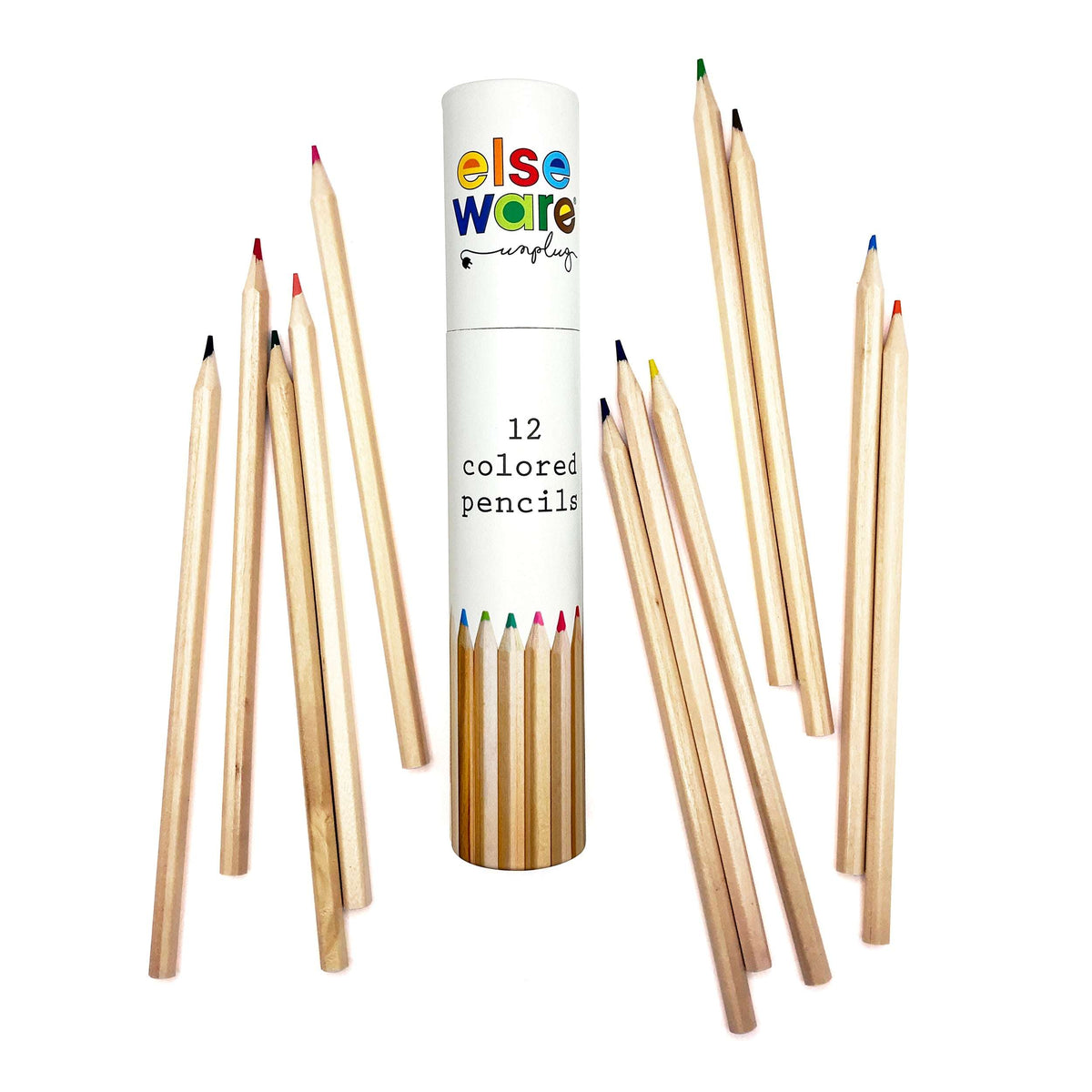 Colored pencil set with 12 wooden pencils and crayon-tip colors, in a white tube