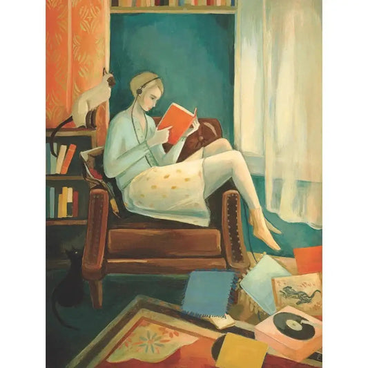 Jigsaw puzzle artwork panel: woman reading by window, chair and books