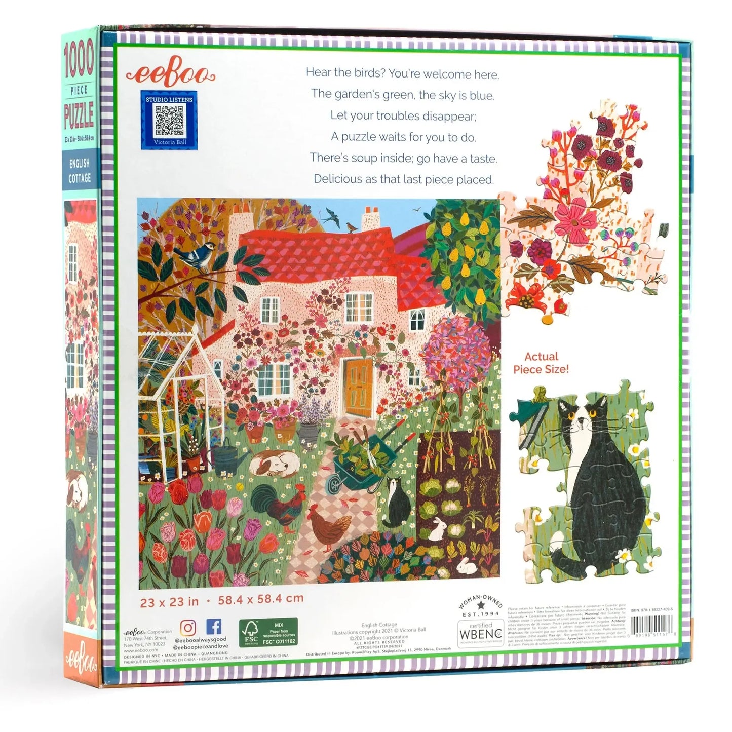 English Cottage Jigsaw Puzzle | 1000 Pieces | 23"x23" | Art by Victoria Ball | eeBoo - Niksstuff