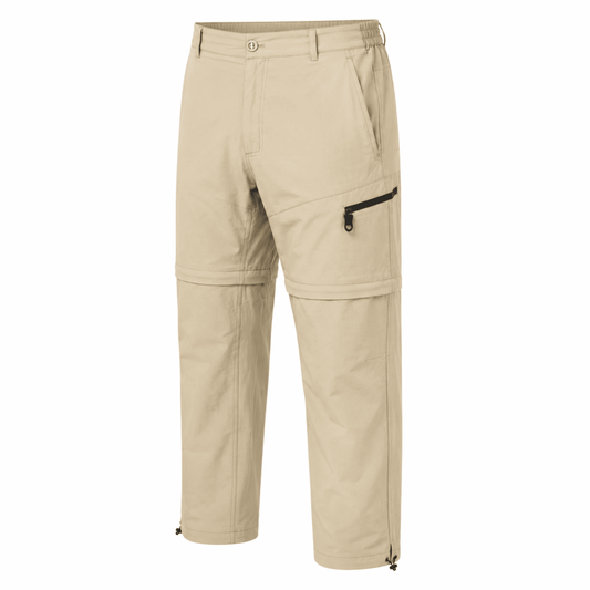 Tan waterproof fishing hiking pants, front view with cargo pocket and cuffs