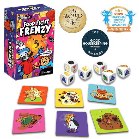 Food Fight Frenzy board game with dice, cards, and award badges