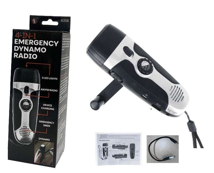 Handheld emergency dynamo radio with hand crank, flashlight lens, and charging cable