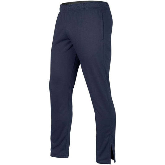 Navy fleece track pants with elastic waistband, tapered fit, and side slits at cuffs