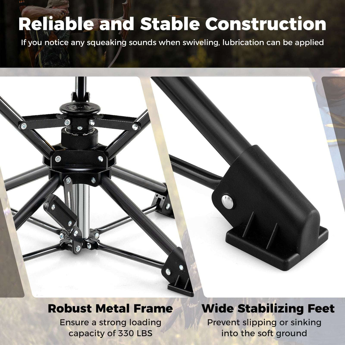 Close-up of the stool's metal frame joints and wide stabilizing foot