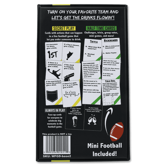 Football drinking card game box back with rules and card summaries