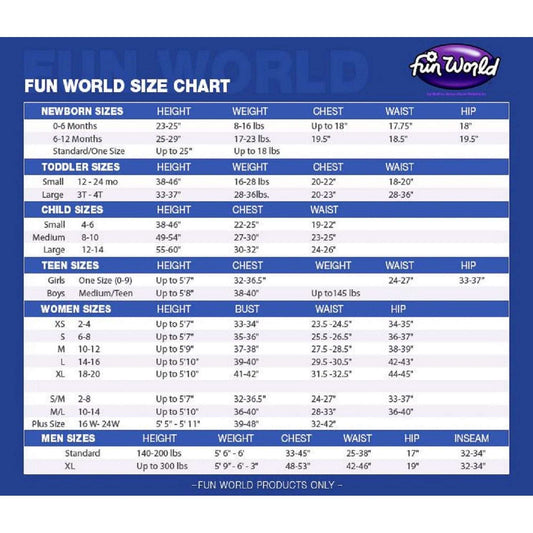 Printed fun world size chart poster with height, weight, chest and waist measurements