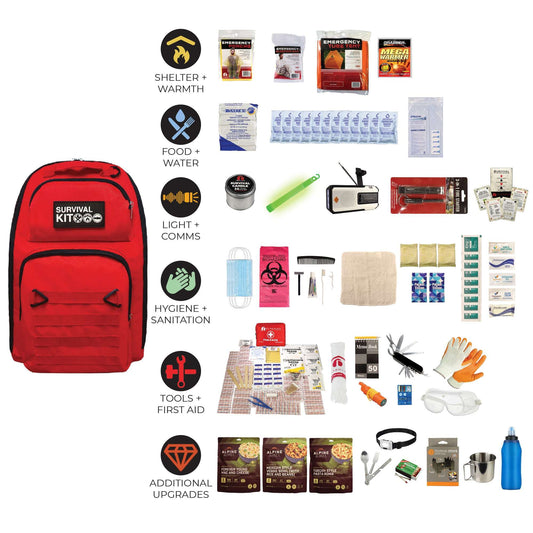 Red survival kit backpack with labeled essentials for shelter, food, water, hygiene, and first aid