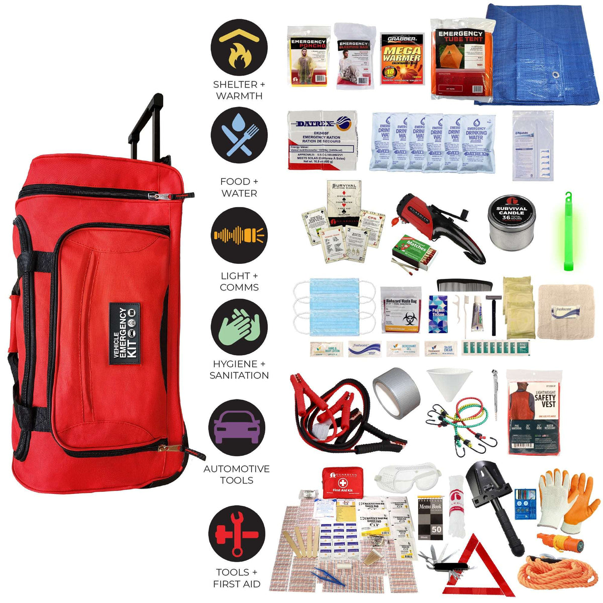 Red upright emergency kit bag with handle and assortment of safety essentials