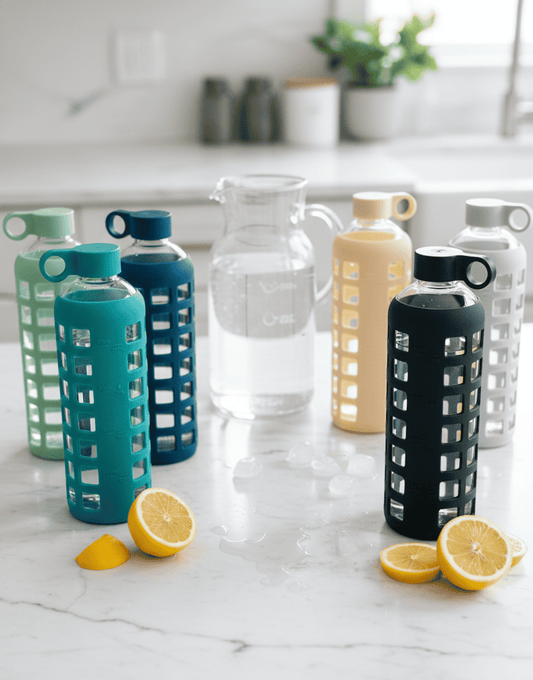 Assorted glass water bottles with silicone sleeves in teal, dark, and light colors