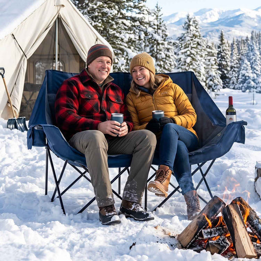 Heated double camping chair in navy, seating for two with drinks