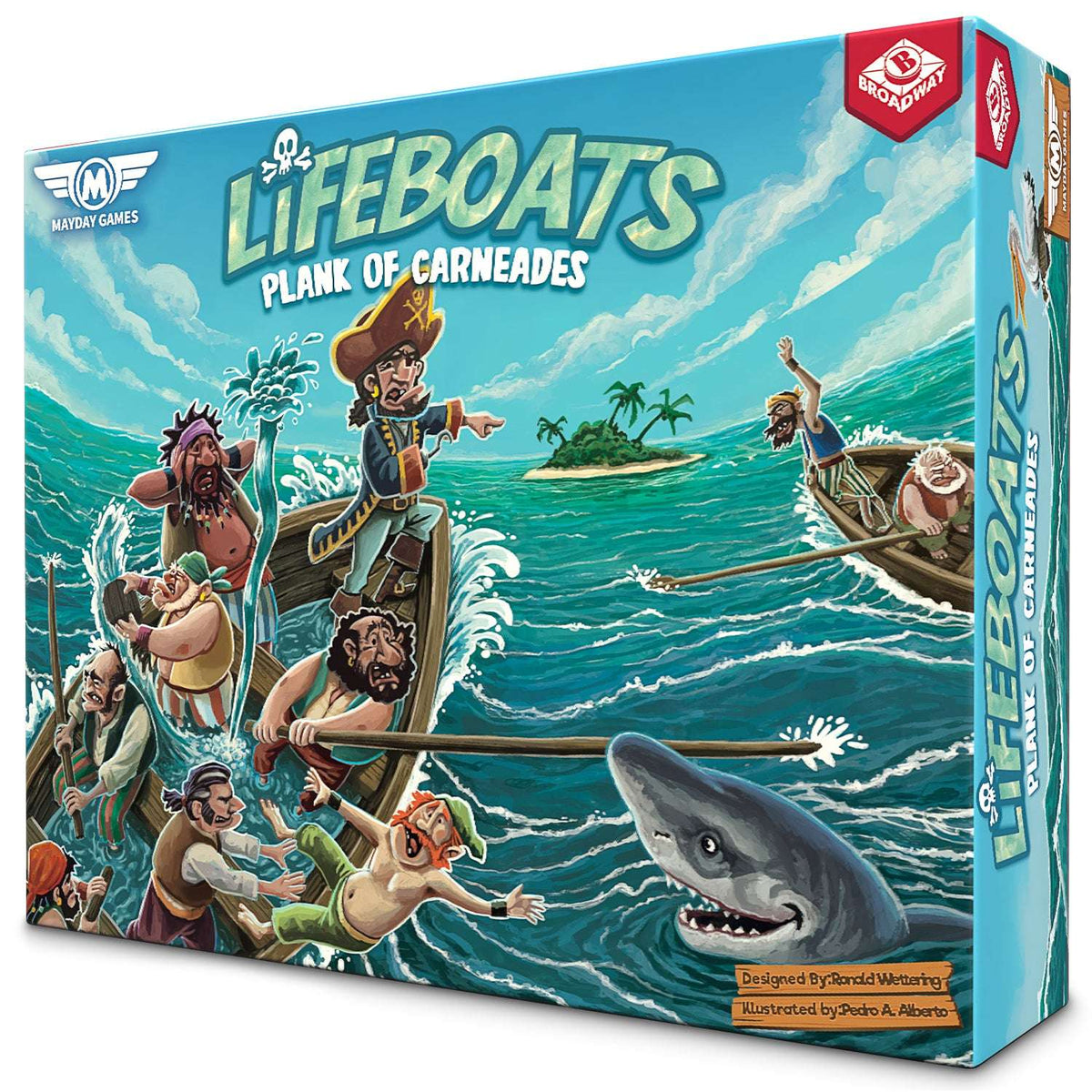 Lifeboats strategy board game box with pirate lifeboats and choppy ocean artwork