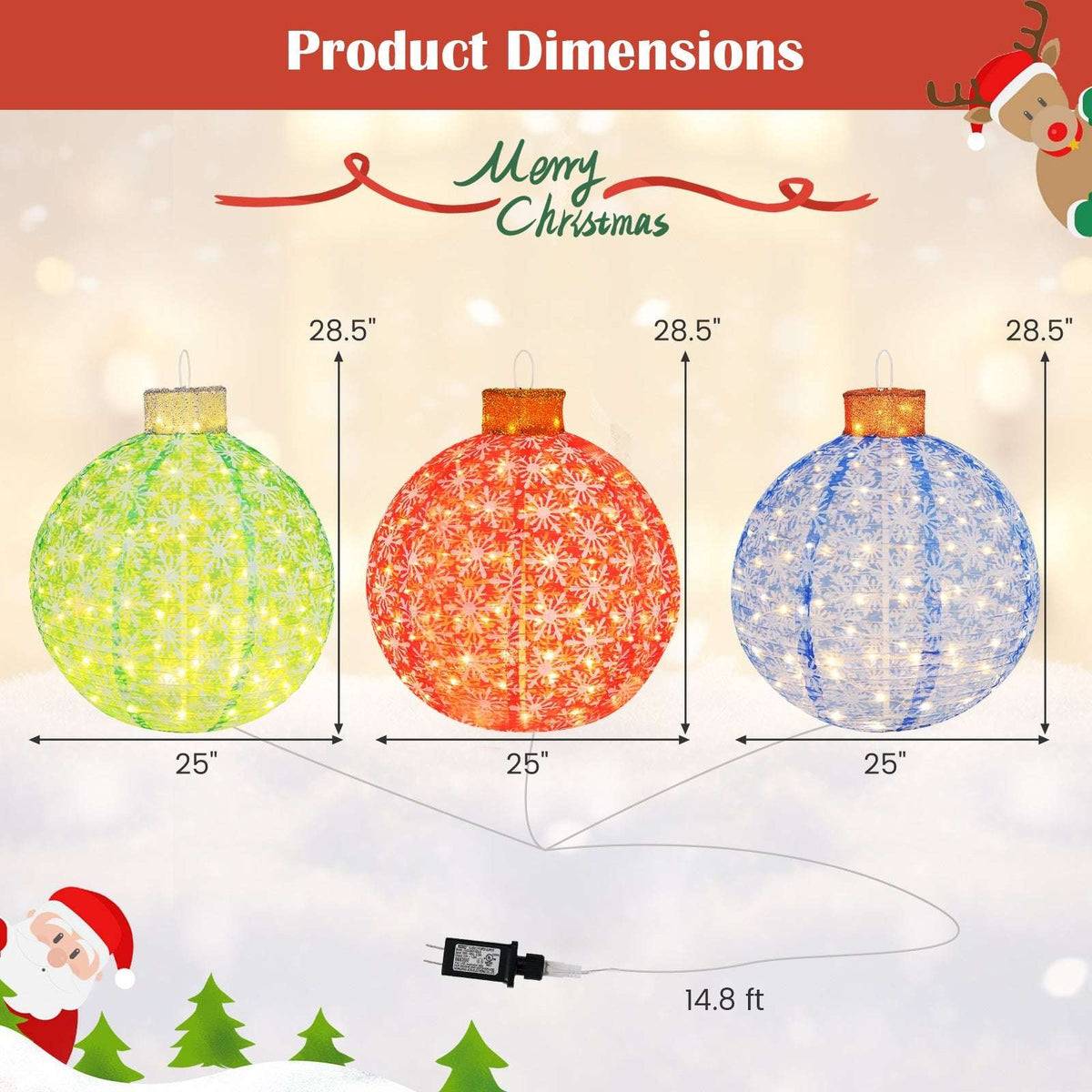 Pop-up Christmas ball set with three colors, each 25 inches wide and 28.5 inches tall