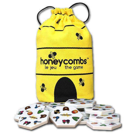 Yellow drawstring pouch with black honeycombs logo plus white game tiles