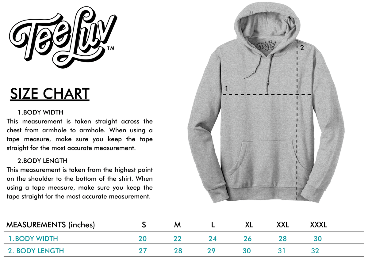 Size chart poster with Teeluv logo and measurement table for hoodie sizes