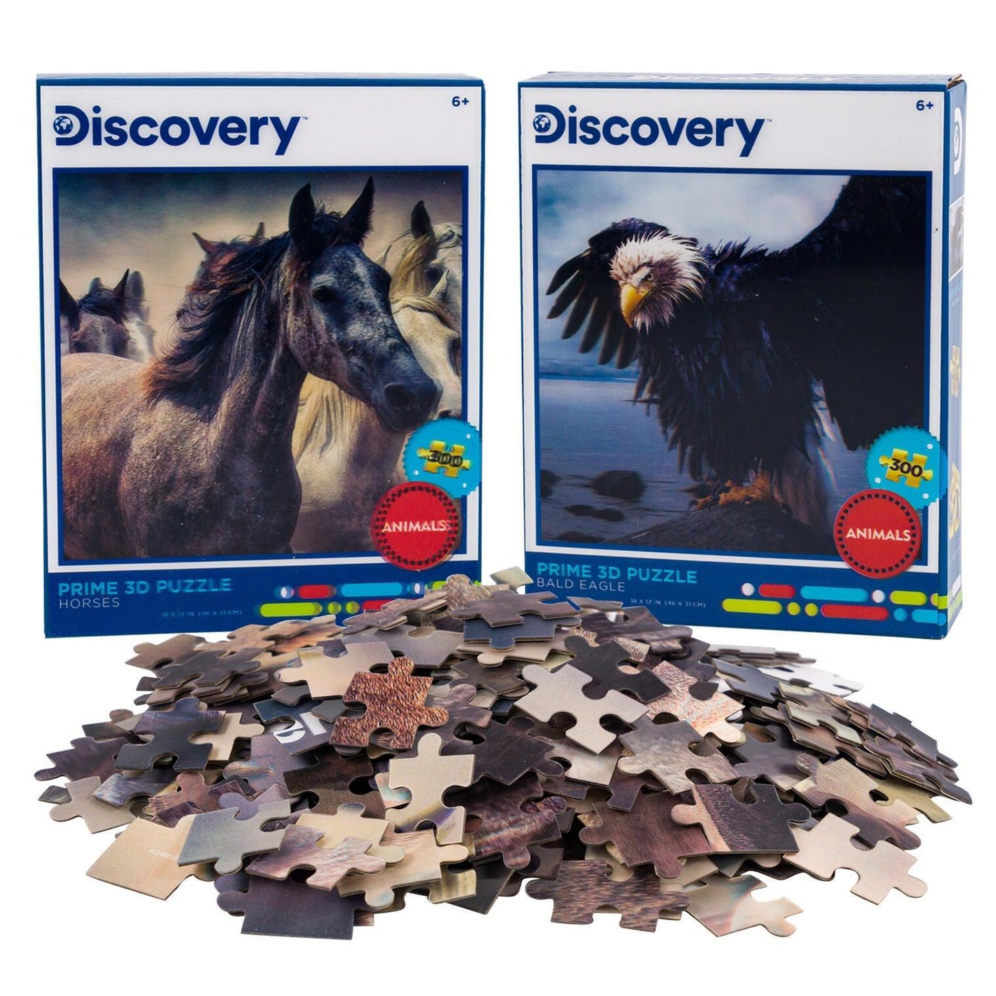 Horses & Bald Eagle 3D Lenticular Jigsaw Puzzle Set | 2 x 300 Pieces | 18"x12" | Ages 6+ - Niksstuff